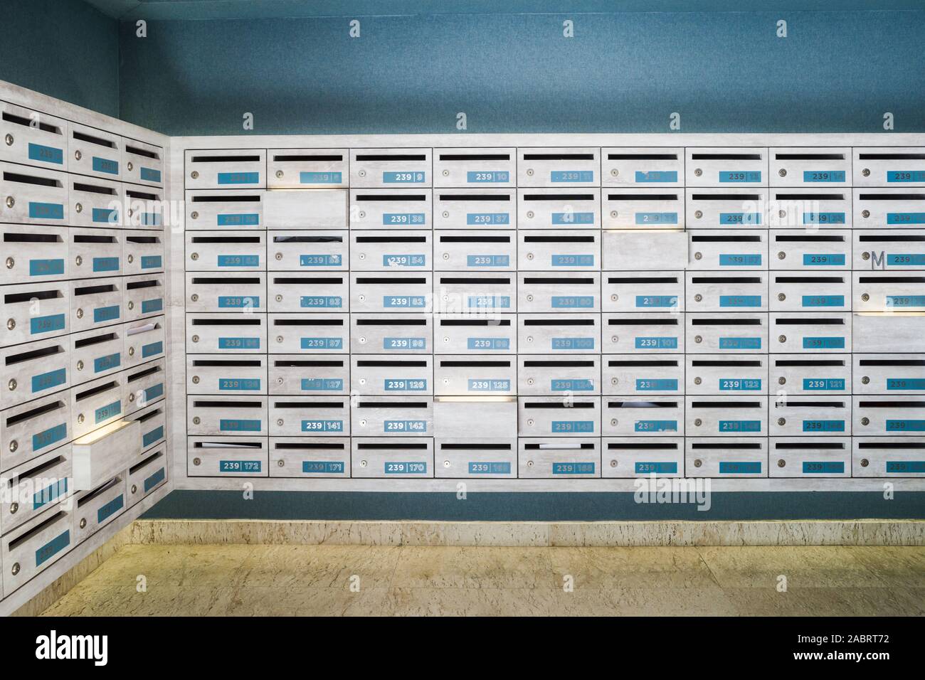 Modern blue interior of a locker changing room. Stock Photo