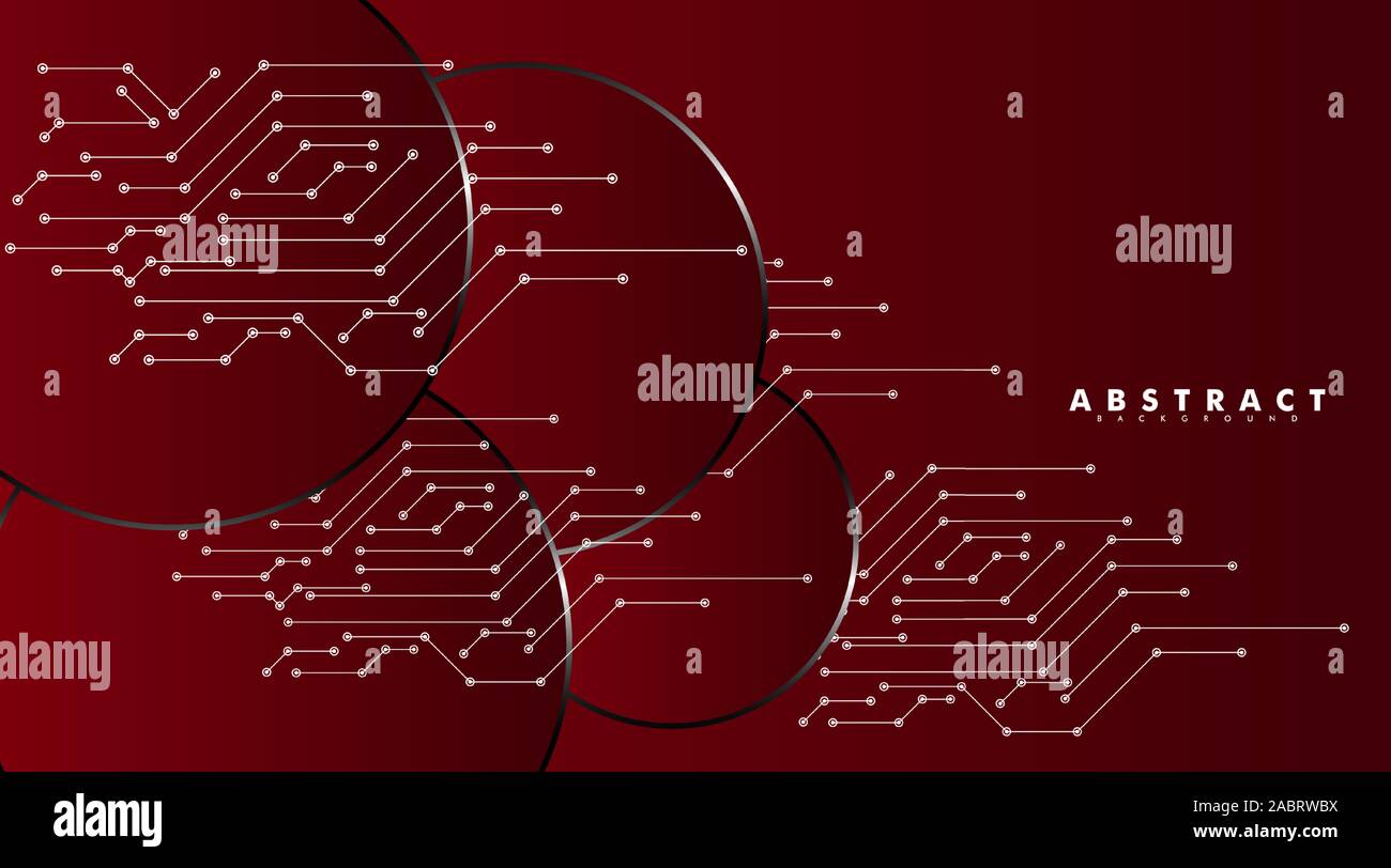 red abstract vector circles with future circuit board technology. design technology background Stock Vector