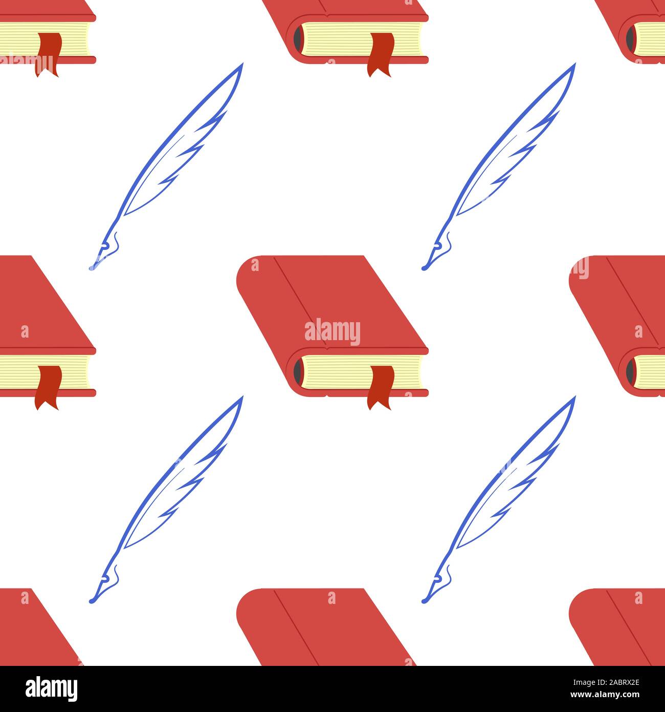 Red Book and Feather Seamless Pattern on White Background Stock Vector