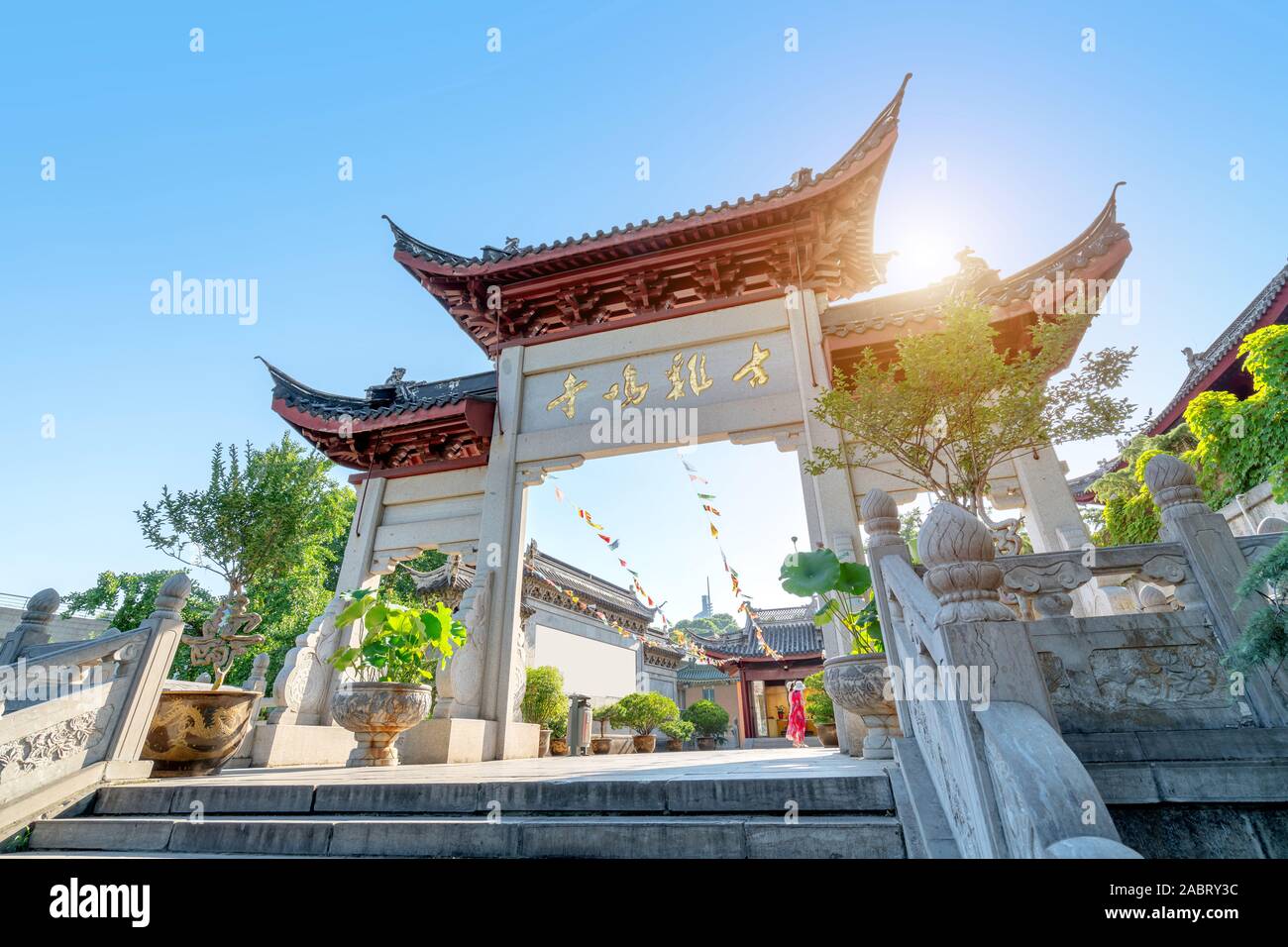 Jiming Temple was built in 1387 and was the center of Buddhism in the Southern Dynasties. Nanjing, China. Translation: 'Jiming Ancient Temple' Stock Photo