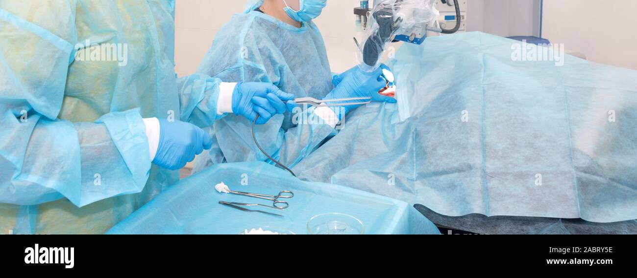 Nurse giving a tool to a doctor during surgery. Hands of doctors during hospital surgery. Ear surgery Stock Photo