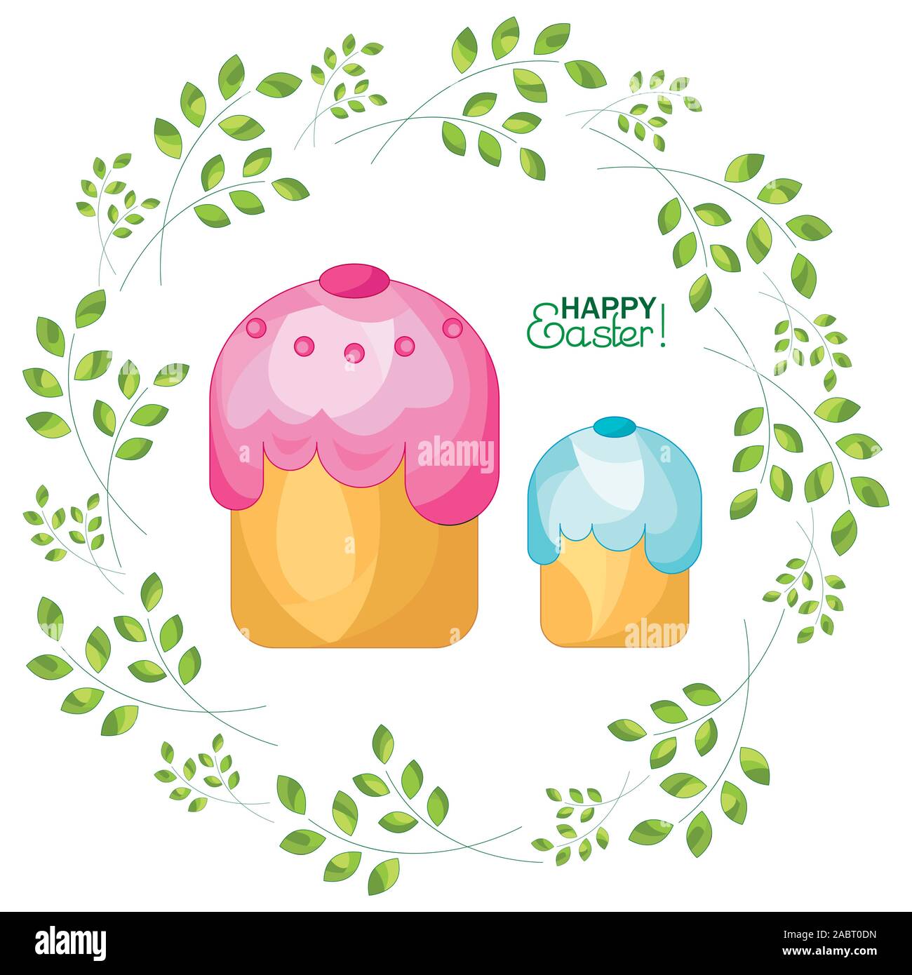 Easter cake on a background with sprigs. Happy Easter! Stock Vector