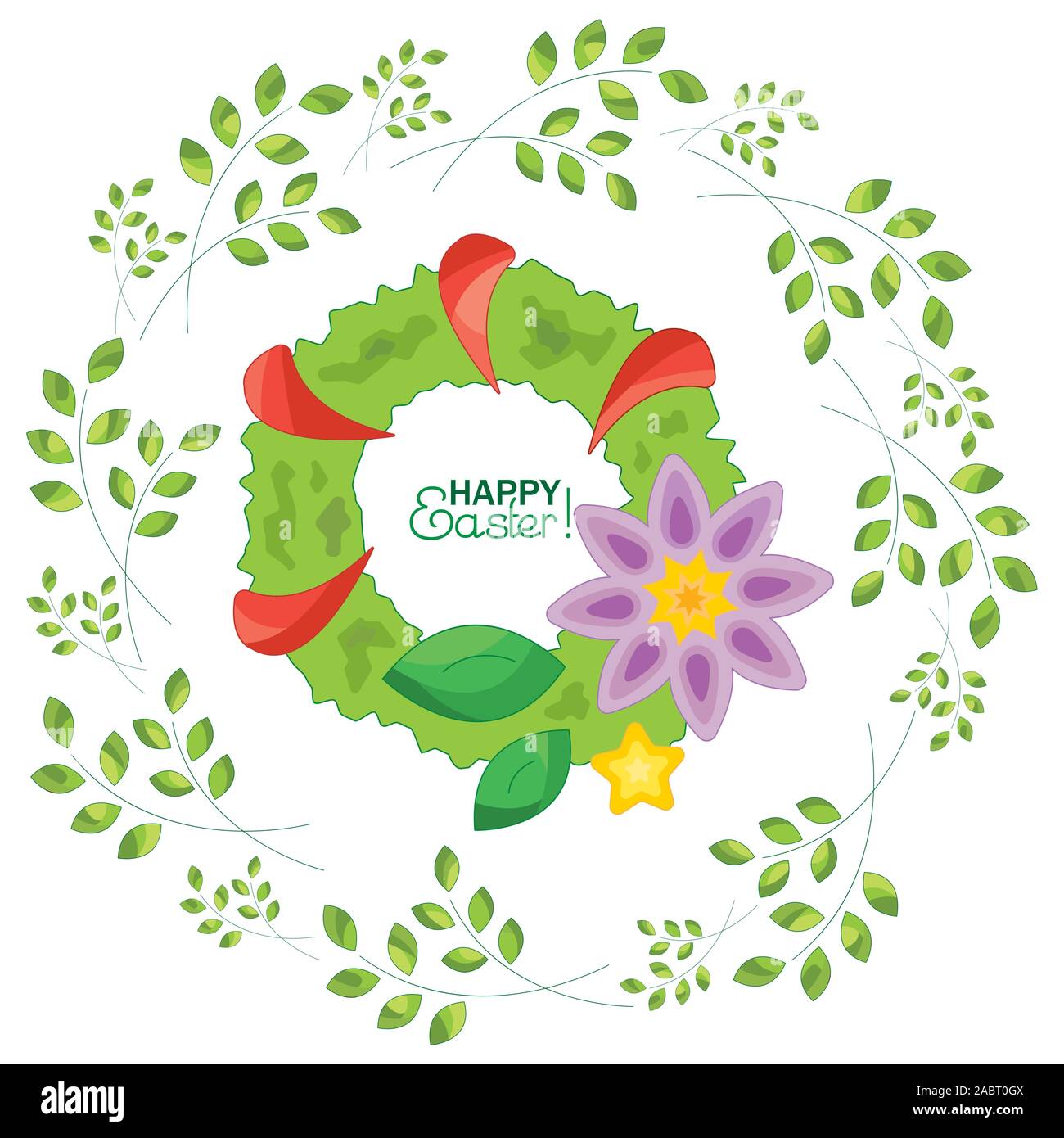 Easter wreath on a background with sprigs. Happy Easter! Stock Vector