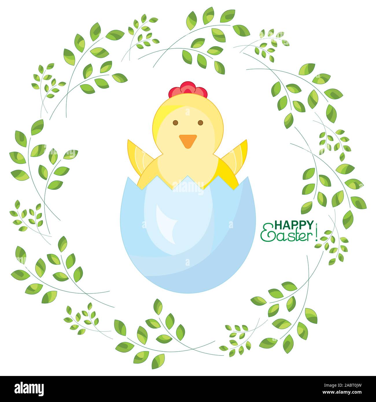 Chicken in the eggshell on a background with sprigs. Happy Easter! Stock Vector