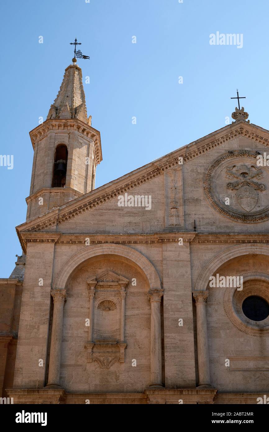 The renaissance architecture facade of the Pienza Duomo in the historic UNESCO world heritage site of Pienza Vald'Orcia Tuscany Italy Europe Stock Photo