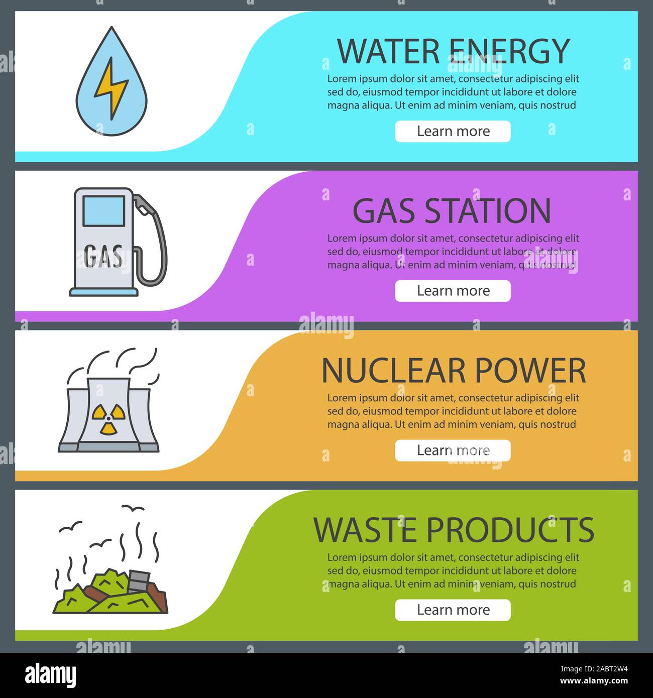 Environment pollution banner templates set. Easy to edit. Water energy, gas station, nuclear power plant, rubbish dump. Website menu items. Color web Stock Vector