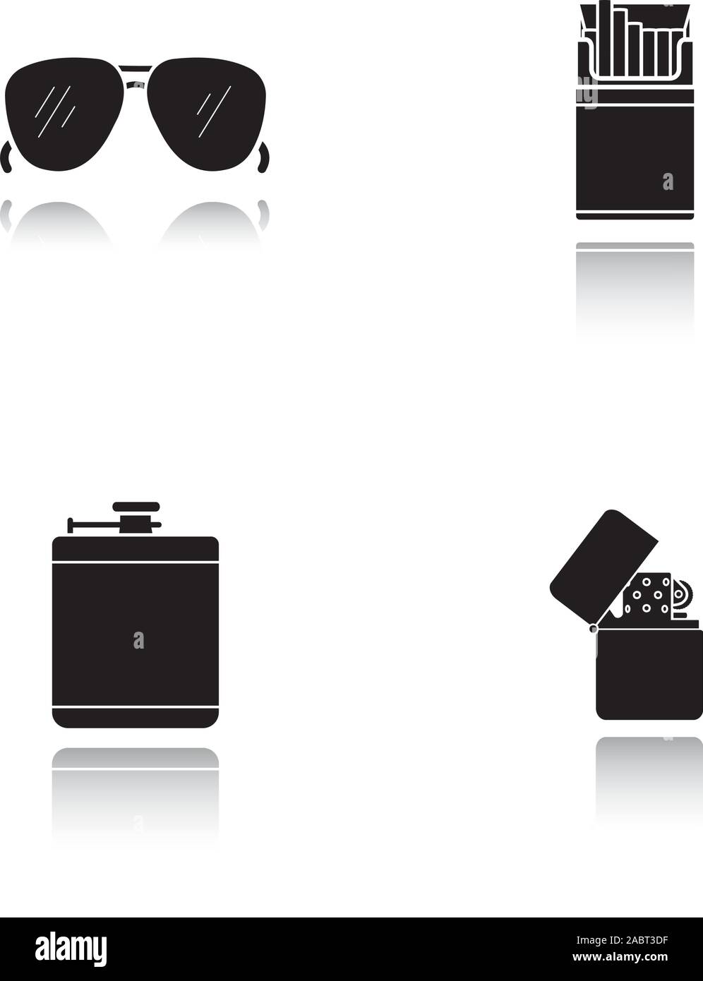 Men's accessories drop shadow black icons set. Alcohol hip flask, open cigarette pack, sunglasses and flip lighter. Isolated vector illustrations Stock Vector