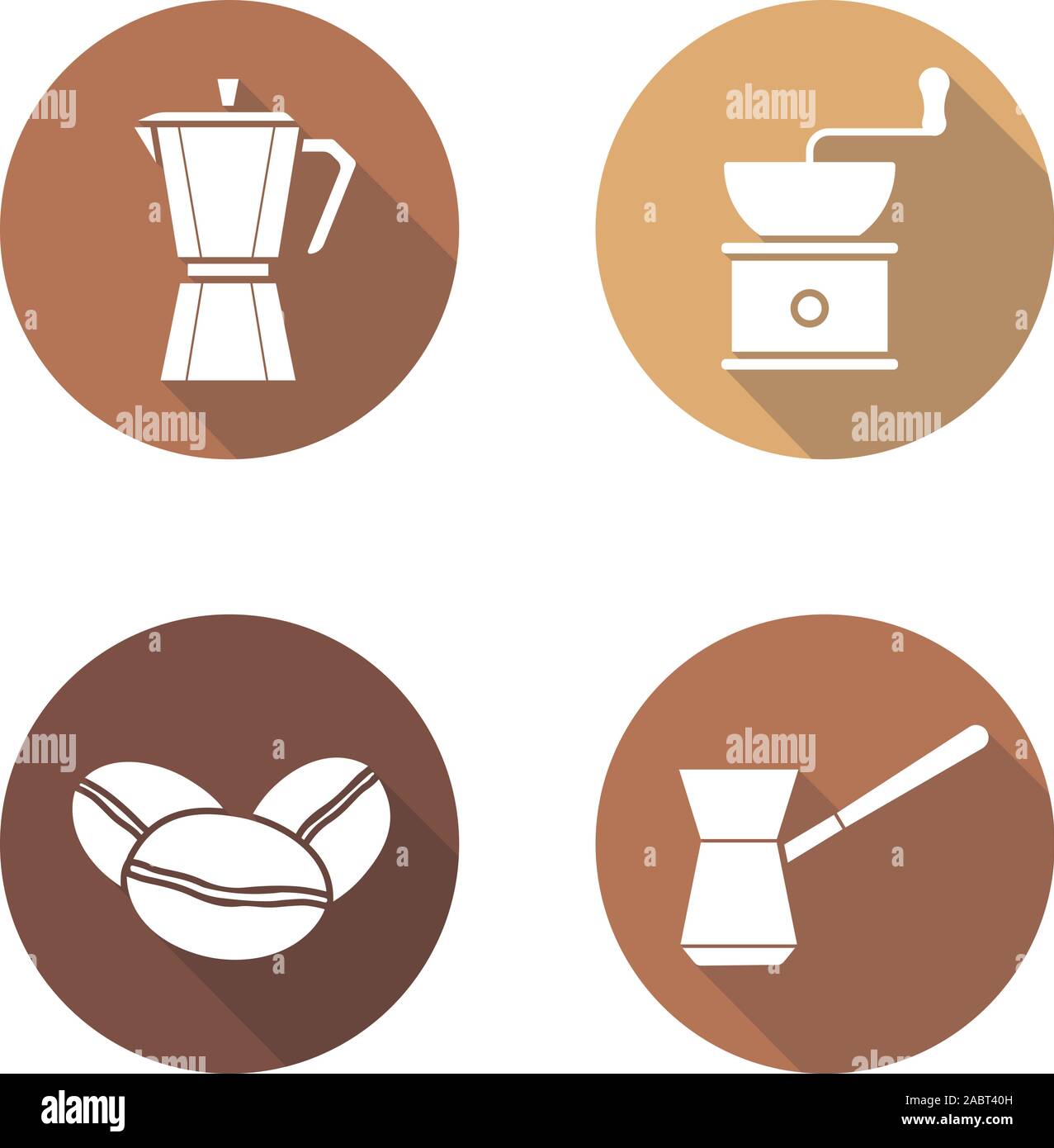 Coffee Brewing Equipment Flat Design Long Shadow Icons Set Moka Pot Classic Coffee Maker Turkish Cezve Grinder And Beans Vector Silhouette Illust Stock Vector Image Art Alamy