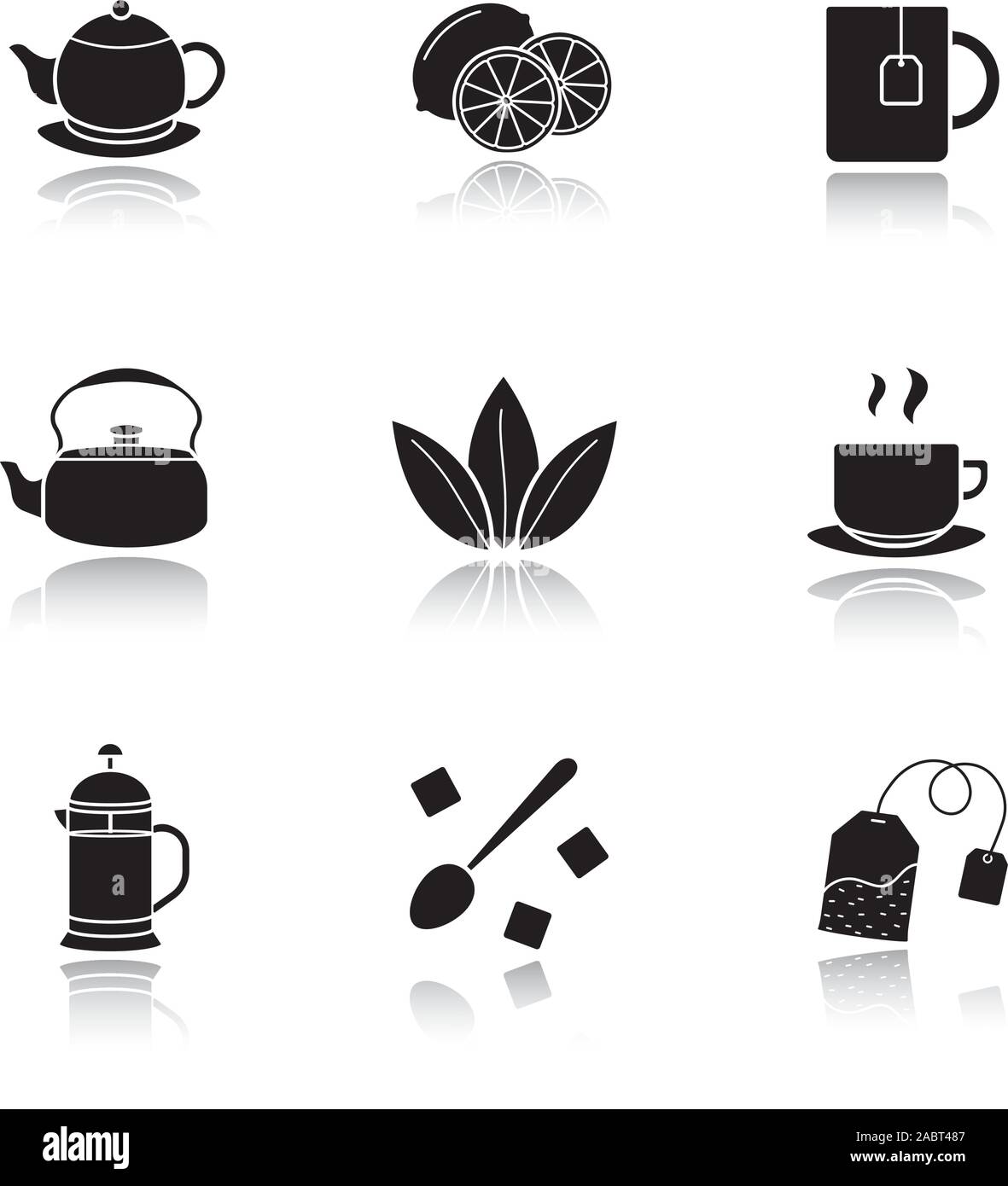 Tea drop shadow black icons set. Cutted lemon, steaming cup on plate, brewer, teapot, loose tea leaves, teabag, refined sugar cubes with spoon, kettle Stock Vector