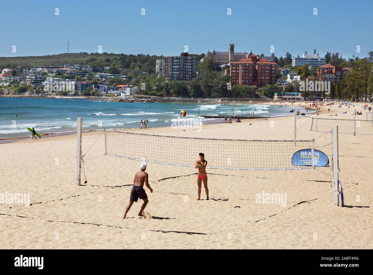 Sydney Beach; Bondi beach, Sydney; people playing beach volleyball in spring sunshine, example of australian lifestyle,  Bondi beach Sydney Australia Stock Photo