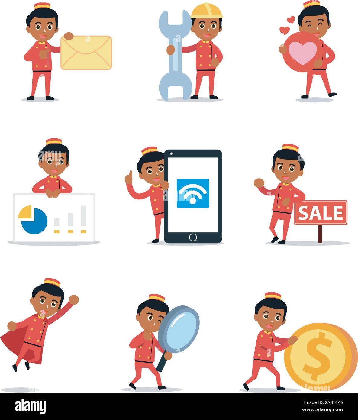 Set of character man bellhop work in hotel Stock Vector