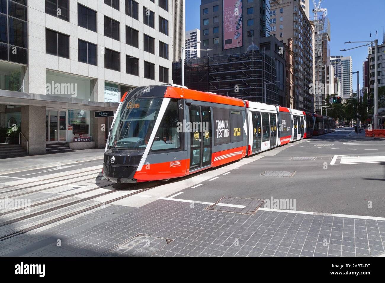 Sydney tram; Tram testing of new trams for Light Rail Tram public transport system, Sydney Australia Stock Photo