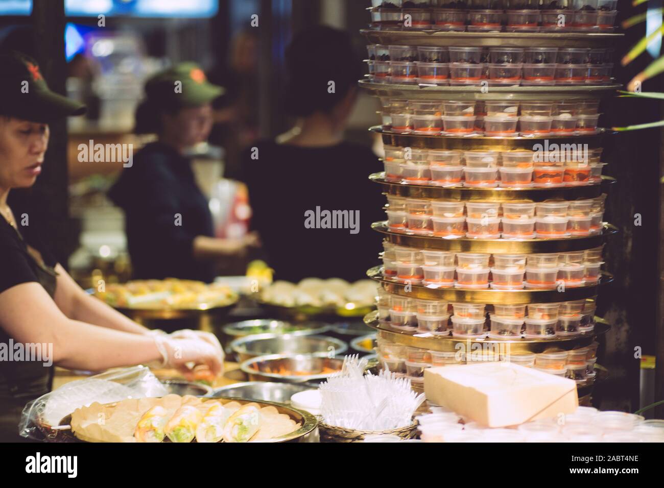 Vietnamese street food. Vietnamese cooking pho bo soup in the market