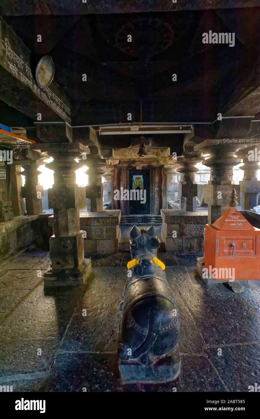 Temple mandapa and sculpture of holy Nandi(Bull) Stock Photo