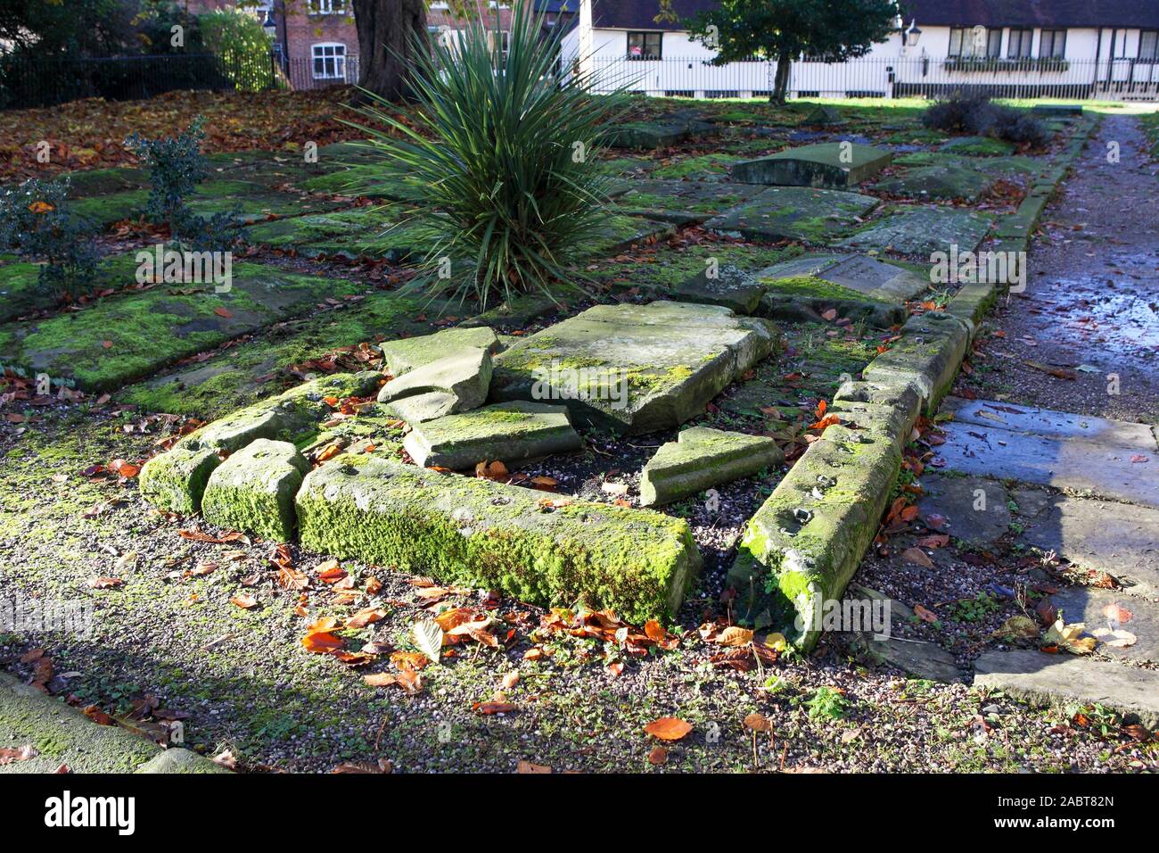 Tightly knit tombstones within the grounds of St Alkmund's Church in the merchant town of Shrewsbury in Shropshire. Unfortunately here, a broken one. Stock Photo