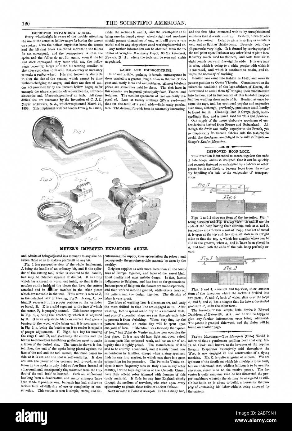 120 THE SCIENTIFIC AMERICAN. MEYER'S IMPROVED EXPANDING AUGER., 1859-08-20 Stock Photo