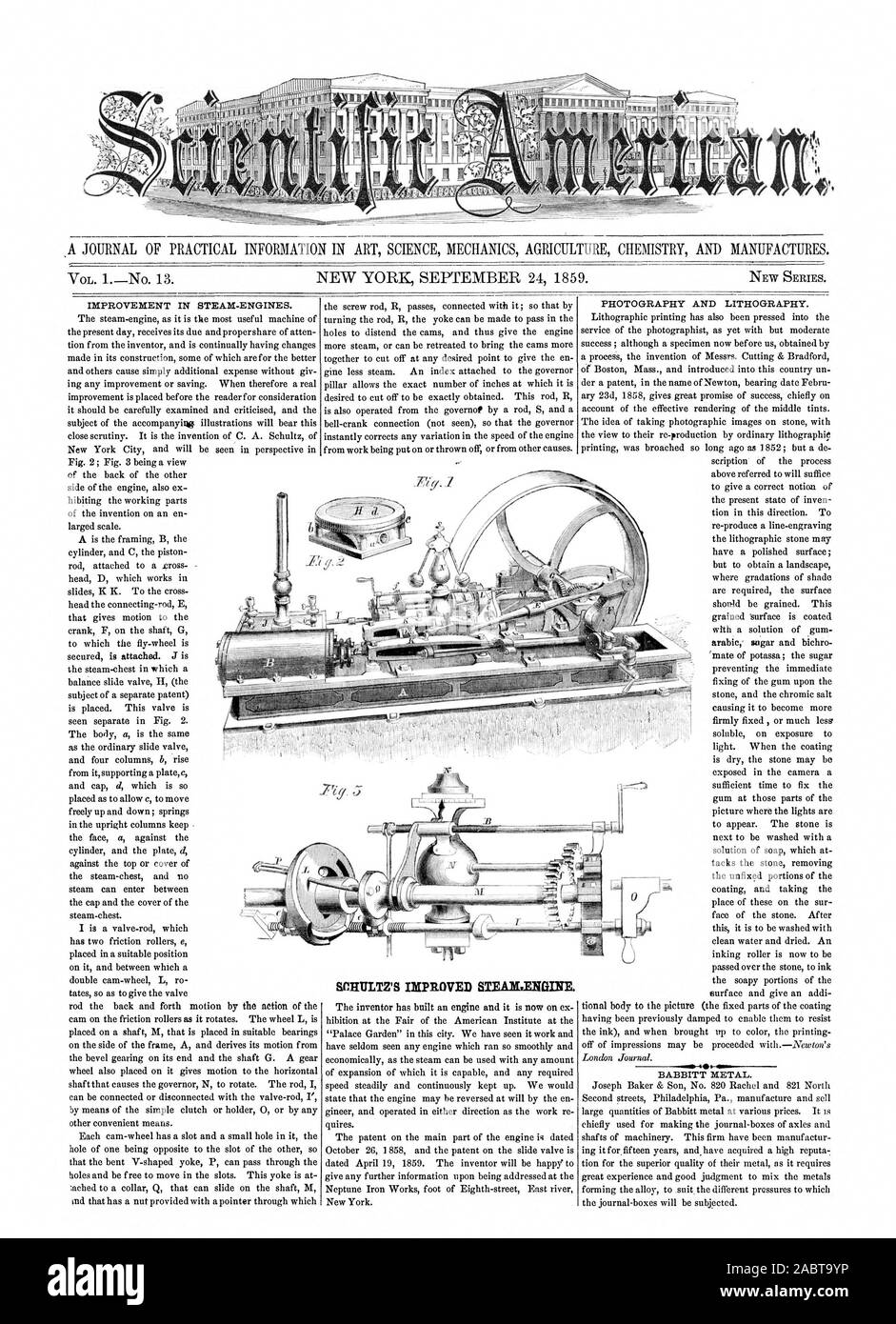 SP)' 01  IMPROVEMENT IN STEAM-ENGINES. SCHULTZ'S IMPROVED STEAMENGINE. PHOTOGRAPHY AND LITHOGRAPHY. BABBITT METAL., scientific american, 1859-09-24 Stock Photo