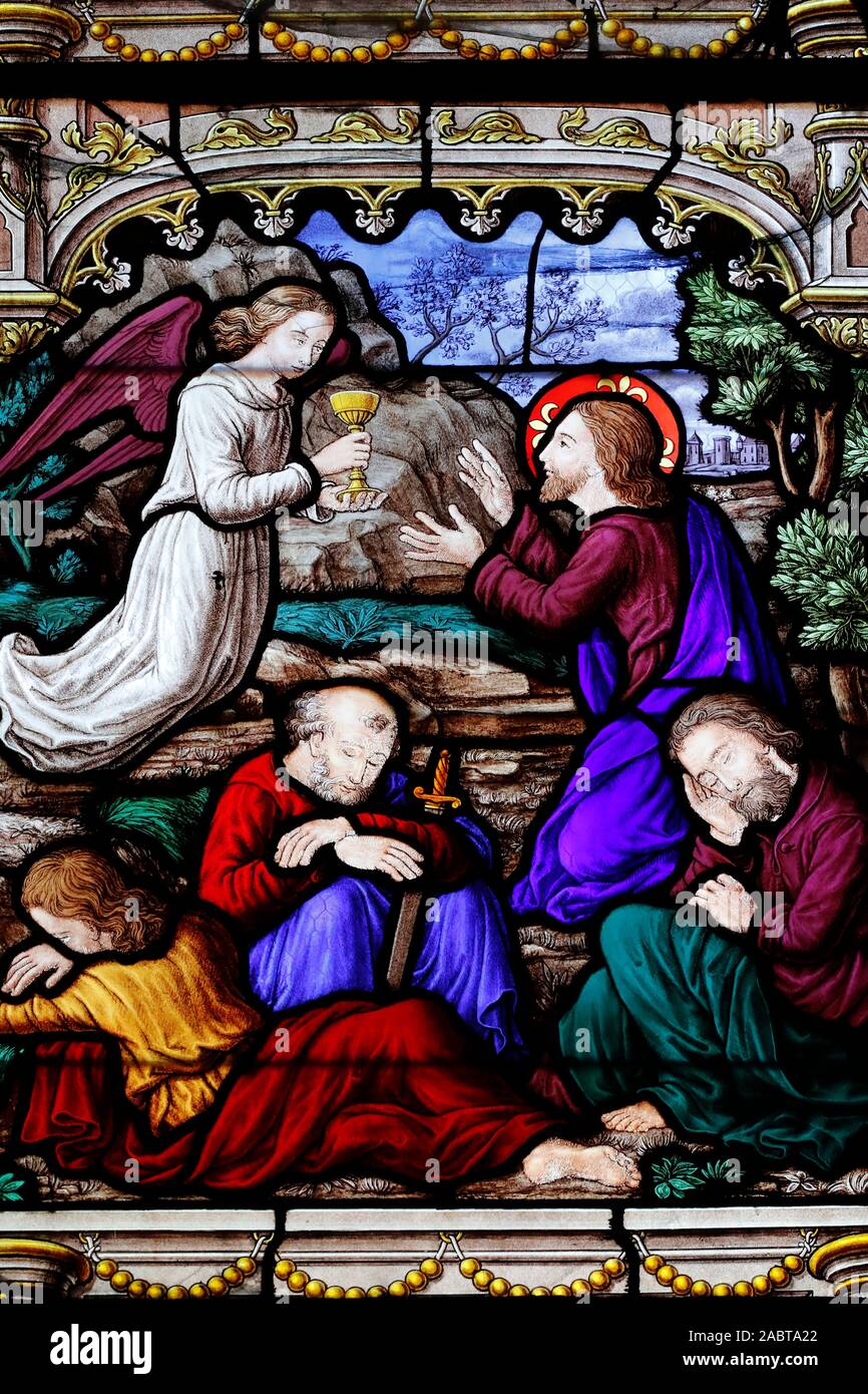 St Peter church. Jesus in the garden of Gethsemane. Stained glass window.  Dreux. France. Stock Photo