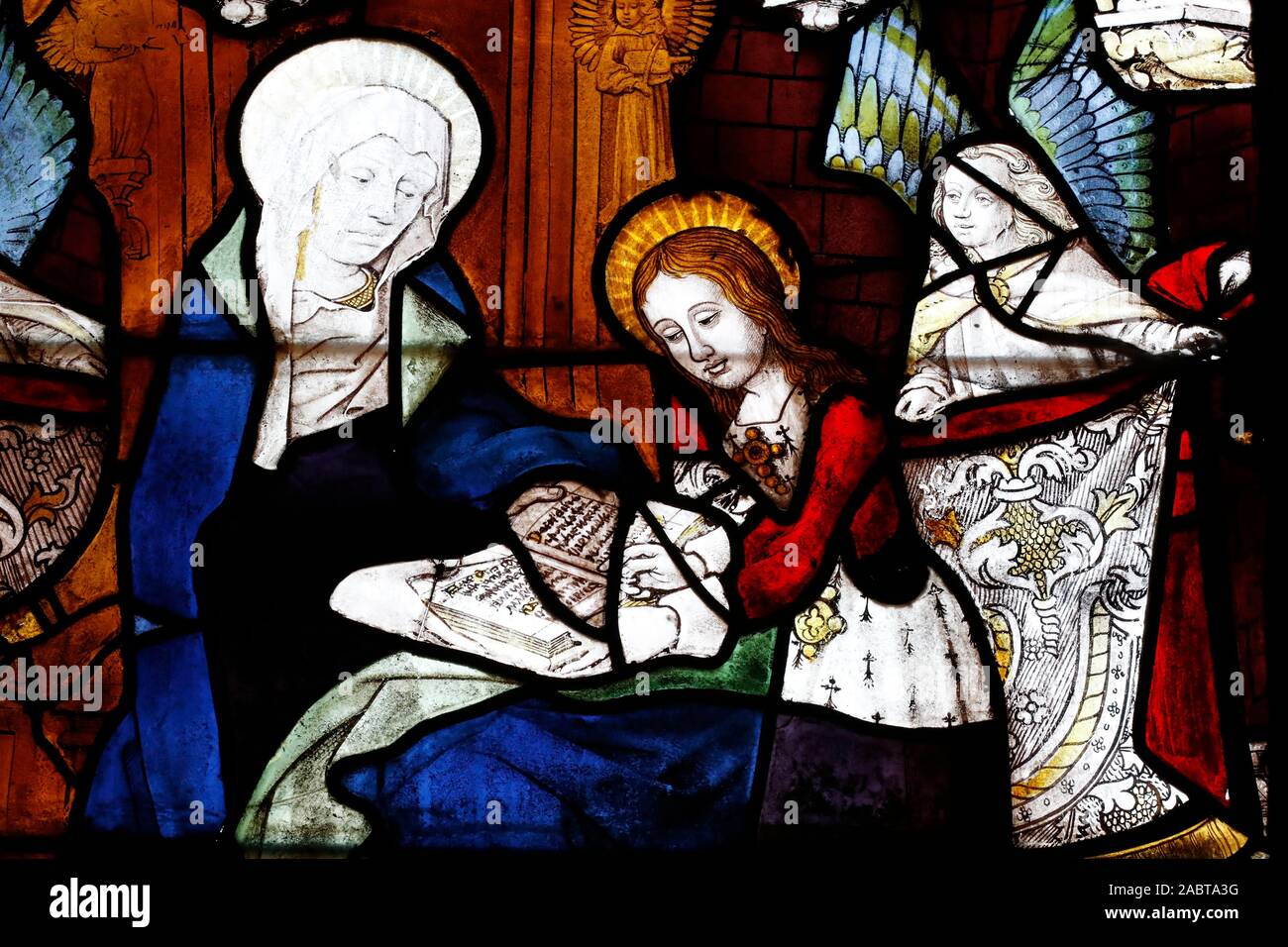 St Peter church. Saint Anne teaching Mary. Stained glass window. Dreux.  France Stock Photo - Alamy