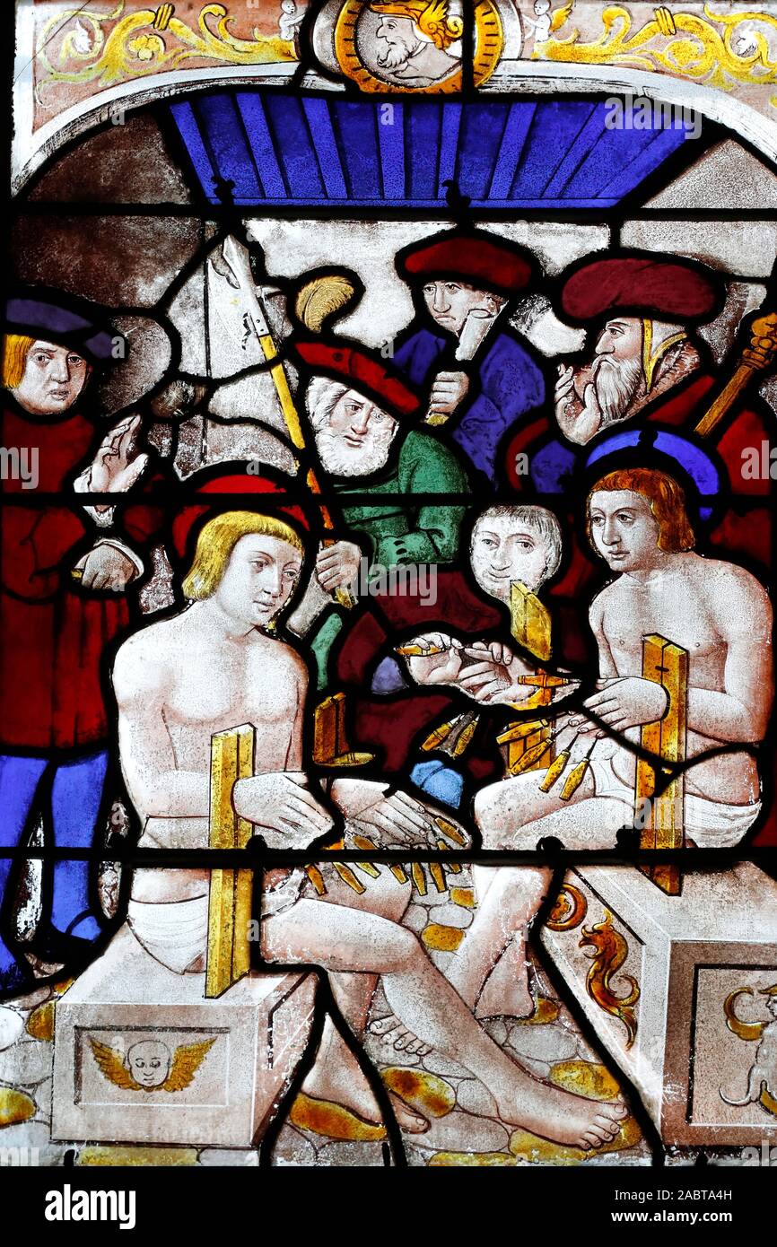 St Peter church. Martyrdom of Crepin and Crepinien. Stained glass ...