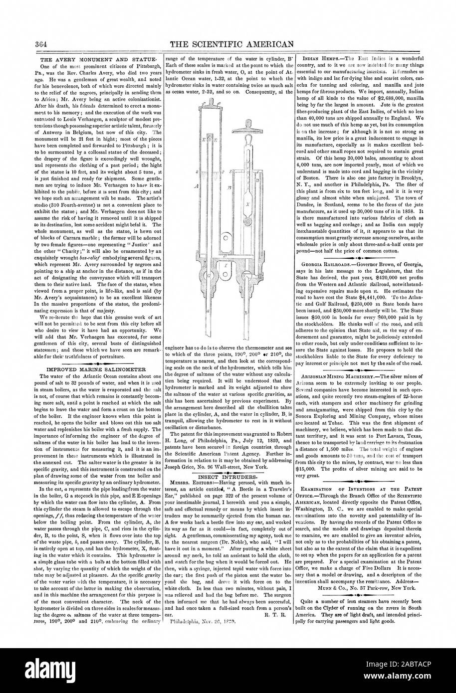 THE AVERY MONUMENT AND STATUE. IMPROVED MARINE SALINOMETER EXAMINATION OF INVENTIONS AT THE PATEST, scientific american, 1859-12-03 Stock Photo