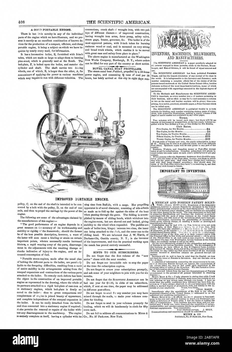 408 TIIE SCIENTIFIC AMERICAN. IMPORTANT TO INVENTORS. IMPROVED PORTABLE ENGINE., 1859-12-17 Stock Photo