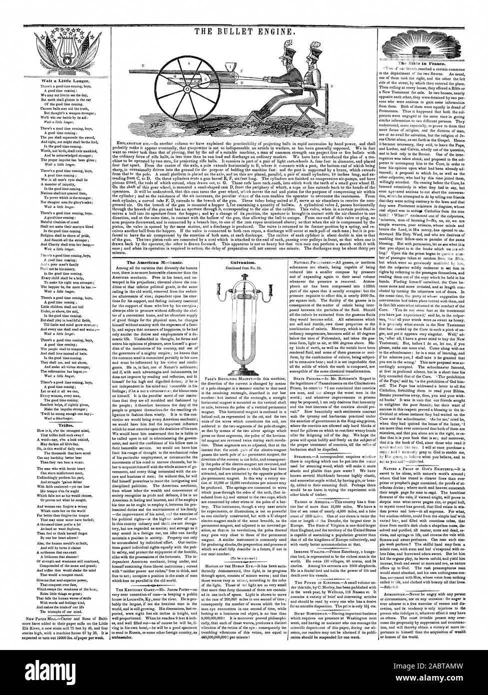 THE BULLET ENGINE The American Mechanic. ambassador. Galvanism. The Bible in France., scientific american, 1846-05-21 Stock Photo