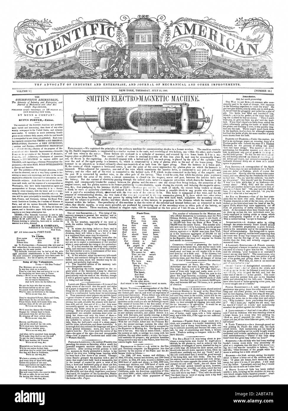 [NUMBER 44. VOLUME I.1 THE ADVOCATE OF INDUSTRY AND ENTERPRISE AND JOURNAL OF MECHANICAL AND OTHER IMPROVEMENTS. BgIIILOTIVIITIgg ZATEMIggar (SUN BUILDING) NEW YORK RUFUS PORTER—Editor. To Clubs. Song of the Volunteers. Anecdotes., scientific american, 1846-07-23 Stock Photo