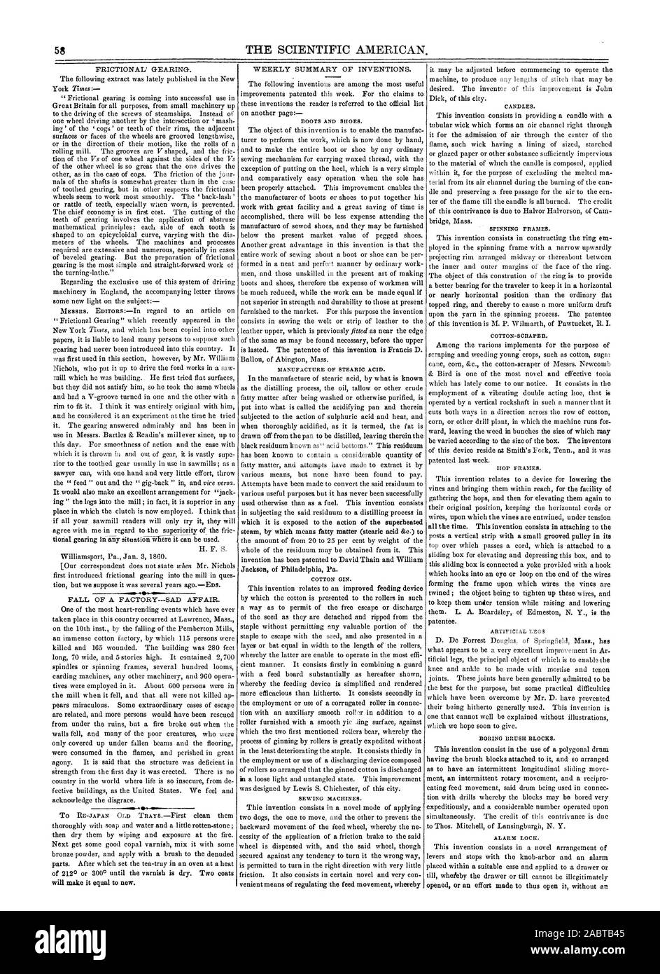 58 THE SCIENTIFIC AMERICAN. MANUFACTURE OF STEARIC ACID. COTTON GIN. SEWING MACHINES. CANDLES. SPINNING FRAMES. COTTON-SCRAPER. HOP FRAMES. ARTIFICIAL LEGS BORING BRUSH BLOCKS. ALARM LOCK., 1860-01-21 Stock Photo