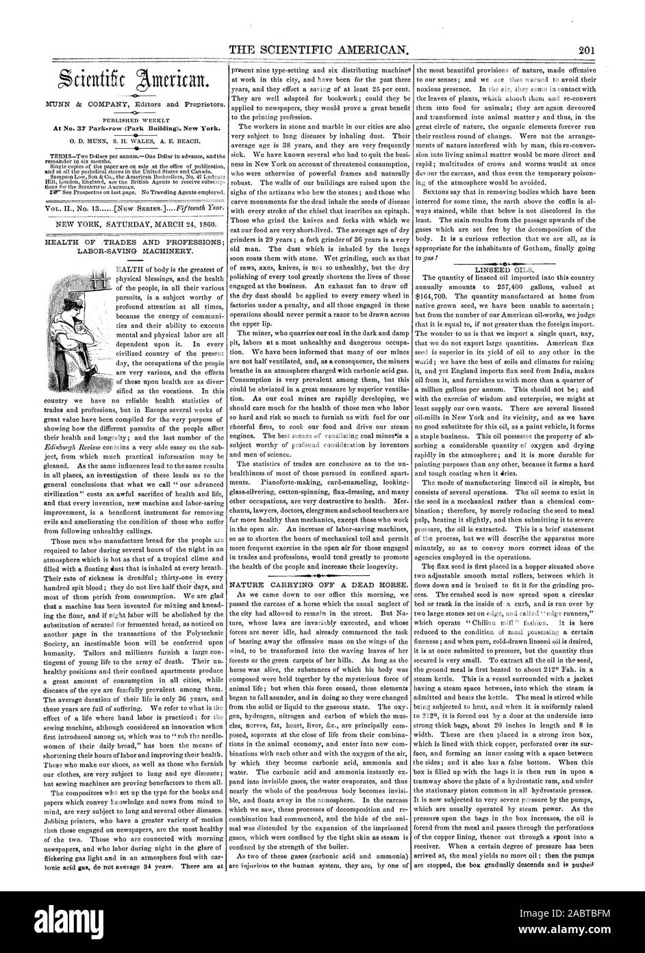 THE SCIENTIFIC AMERICAN. 201 At No. 37 Park.row (Park Building). New York., 1860-03-24 Stock Photo