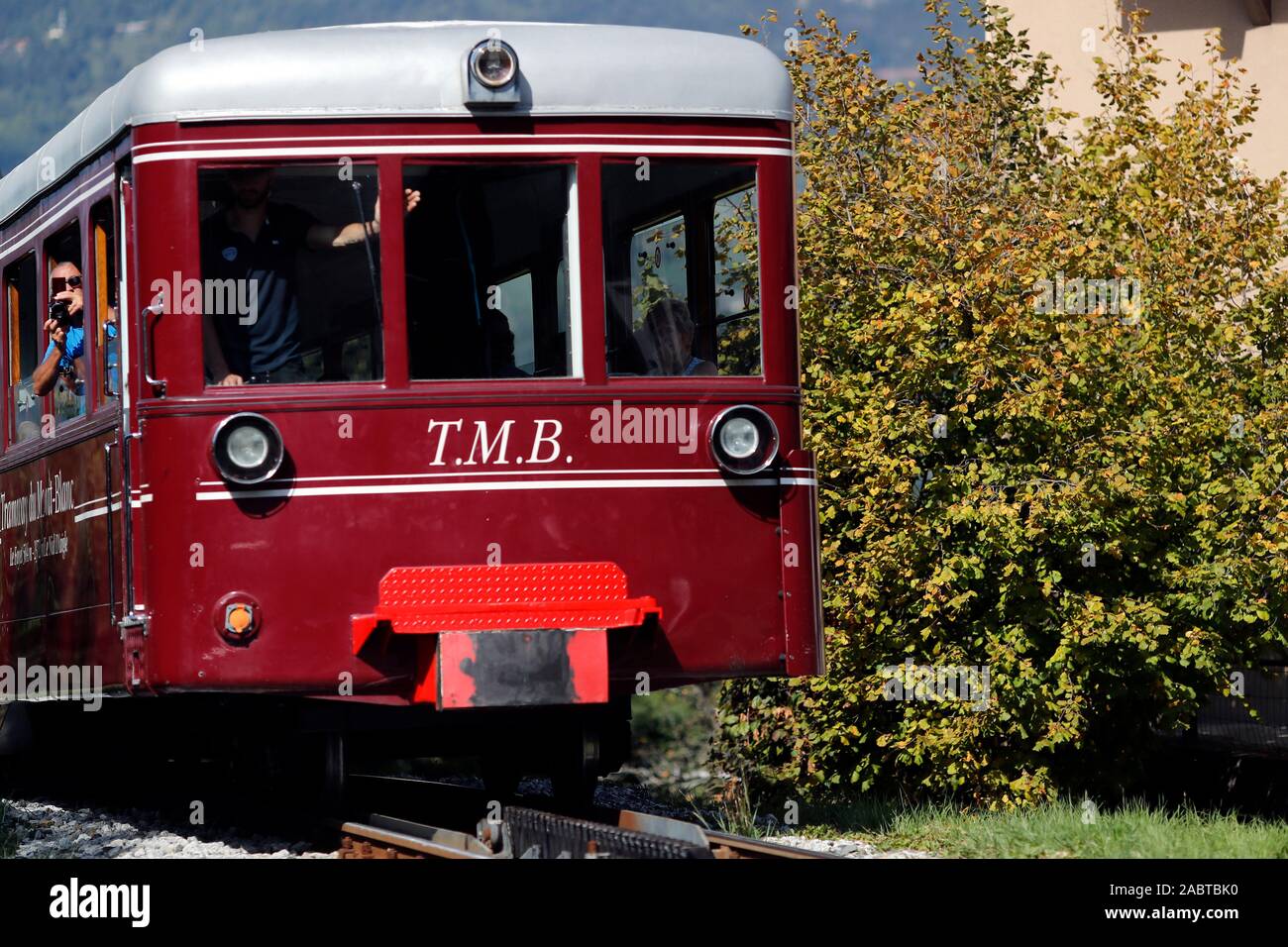 The Mont Blanc Tramway (TMB) is the highest mountain railway line in France. Saint-Gervais. France. Stock Photo