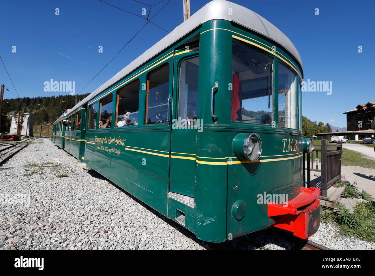 The Mont Blanc Tramway (TMB) is the highest mountain railway line in France. Saint-Gervais. France. Stock Photo