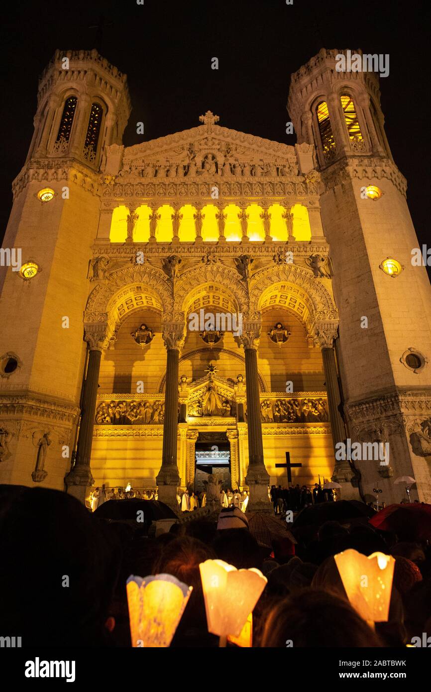 Immaculate Conception celebration. Candlelight procession to Our Lady of Fourviere basilica, Lyon, France. Stock Photo