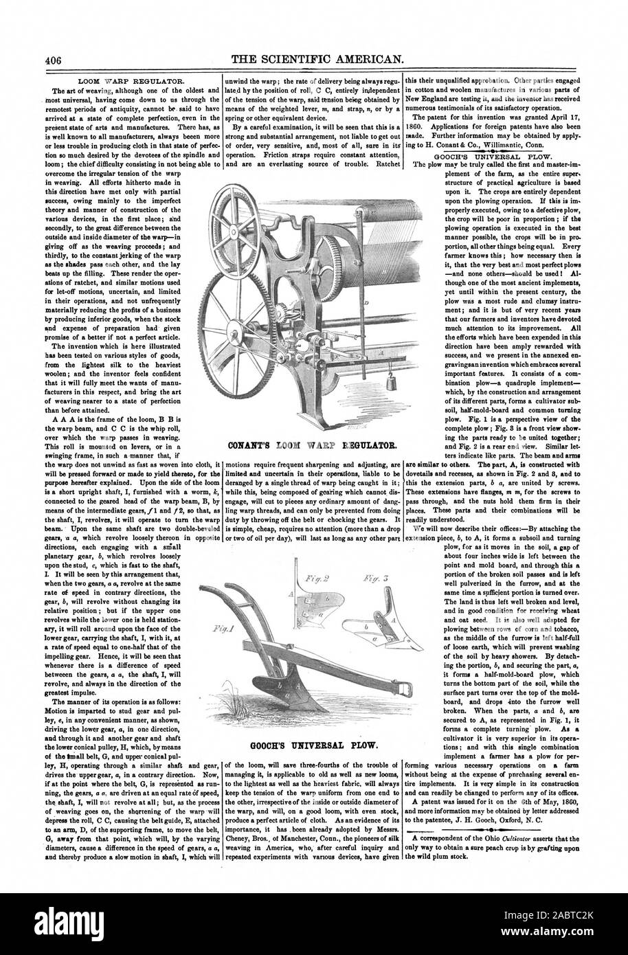 406 THE SCIENTIFIC AMERICAN. CONANT'S LOOM WARP REGULATOR. GOOCH'S UNIVERSAL PLOW., 1860-06-23 Stock Photo