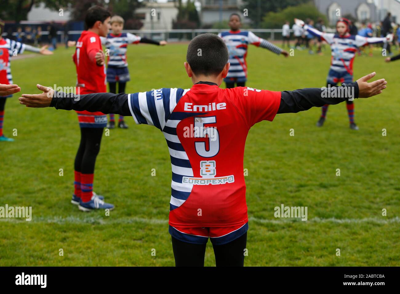 Teenagers warming up before a rugby match in Hauts-de-Seine, France. Stock Photo