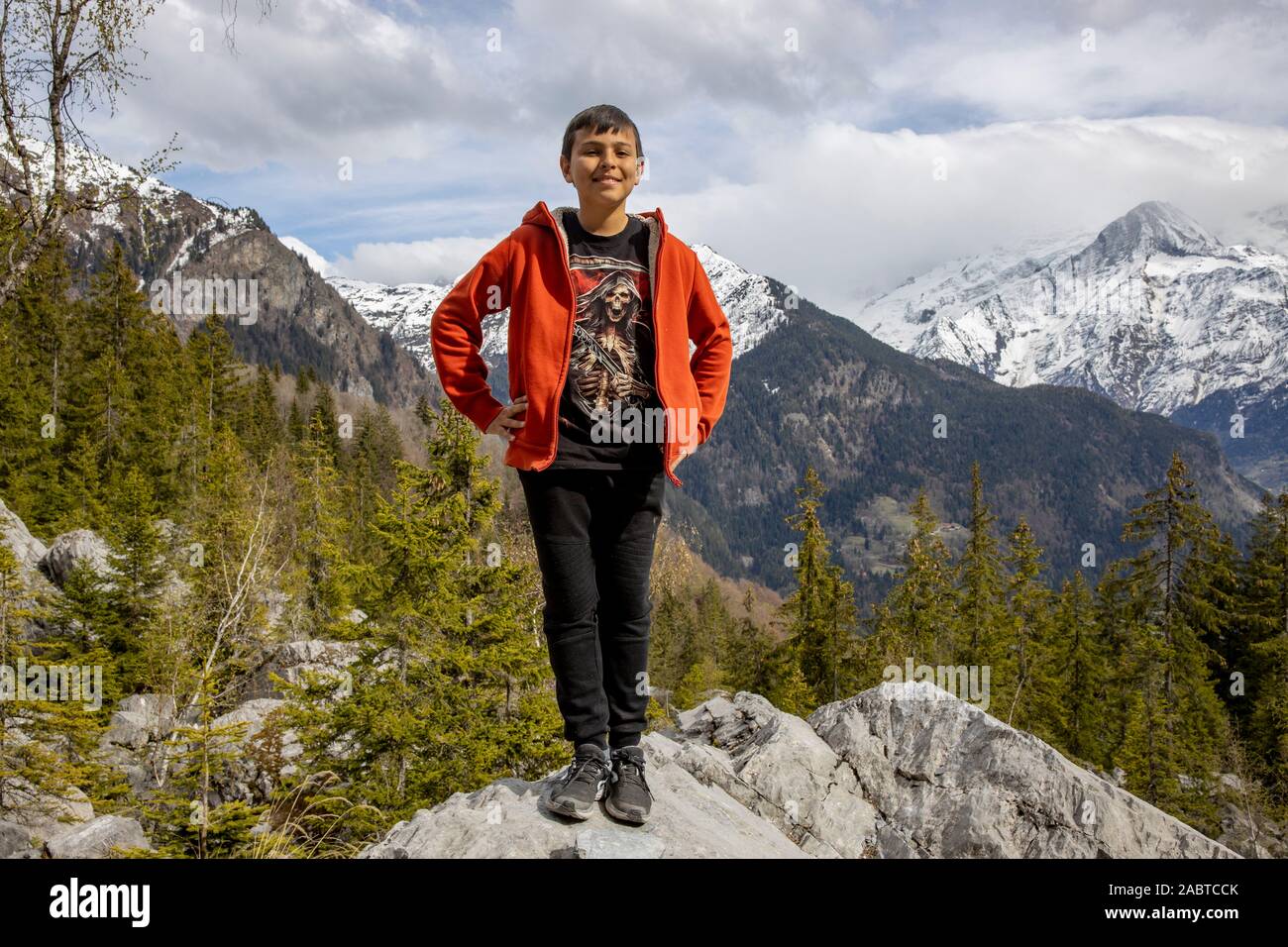13-year-old boy on vacation in Haute Savoie, France. Stock Photo