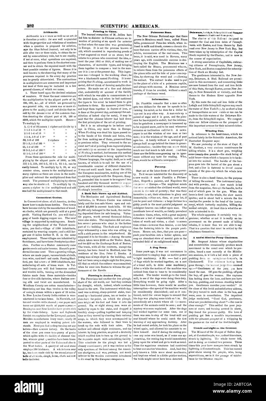 382 SCIENTIFIC AMERICAN. Arithmetic. Connecticut Genius. Printing in China.  A Bank Safe blown up and Robbed. Plowing In Ancient Peru. Poisonous Bean.  Information. Poverty. A Dog Story. Delaware Lehig h Schuylkill and