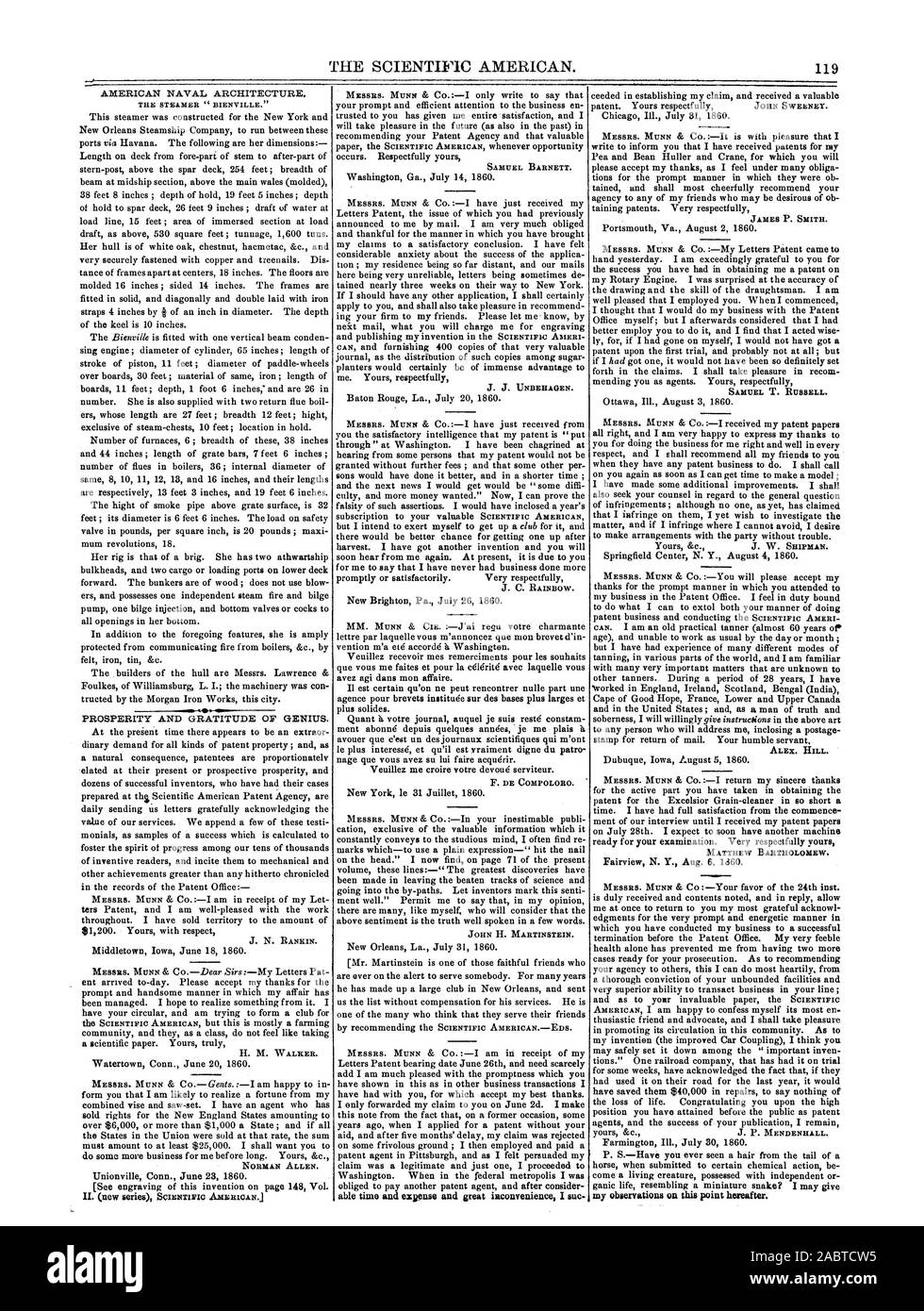 THE SCIENTIFIC AMERICAN. 9 THE STEAMER ' BIENVILLE.' NORMAN ALLEN. SAMUEL BARNETT. able time and expense and great inconvenience I sue ALEX. HILL. MATTHEW BARTHOLOMEW. my observations on this point hereafter., 1860-08-18 Stock Photo