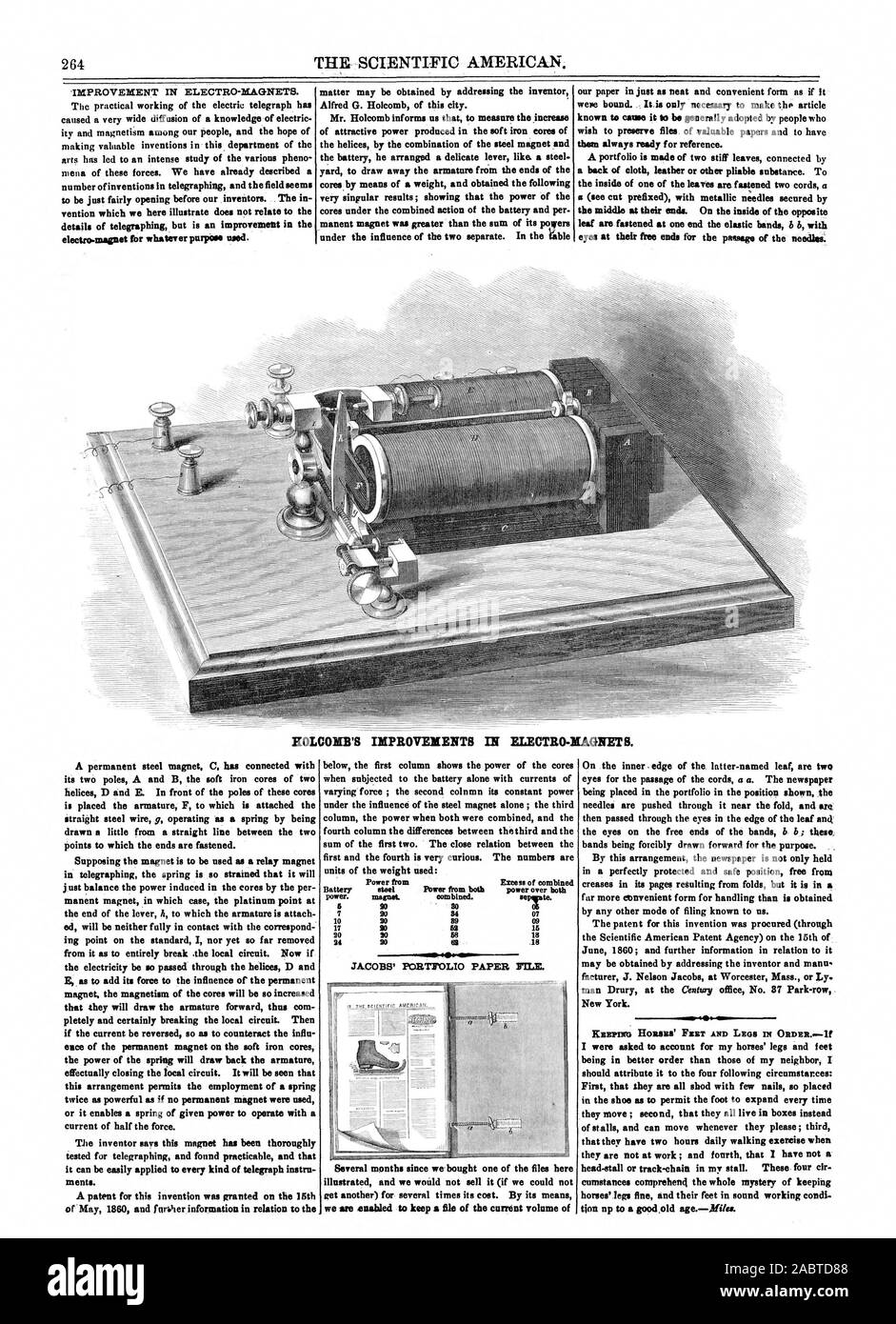 electro-magnet for whatever purpose used. matter may be obtained by addressing the inventor wish to preserve files of valuable papers and to have them always ready for reference. the middle at their ends. On the inside of the opposite HOLCOMB'S IMPROVEMENTS IN ELECTRO-MAGNETS. A permanent steel magnet. C. has connected with in telegraphing the spring is so strained that it will just balance the power induced in the cores by the per twice as powerful as if no permanent magnet were used or it enables a spring of given power to operate with a of May 1860 and further information in relation to the Stock Photo