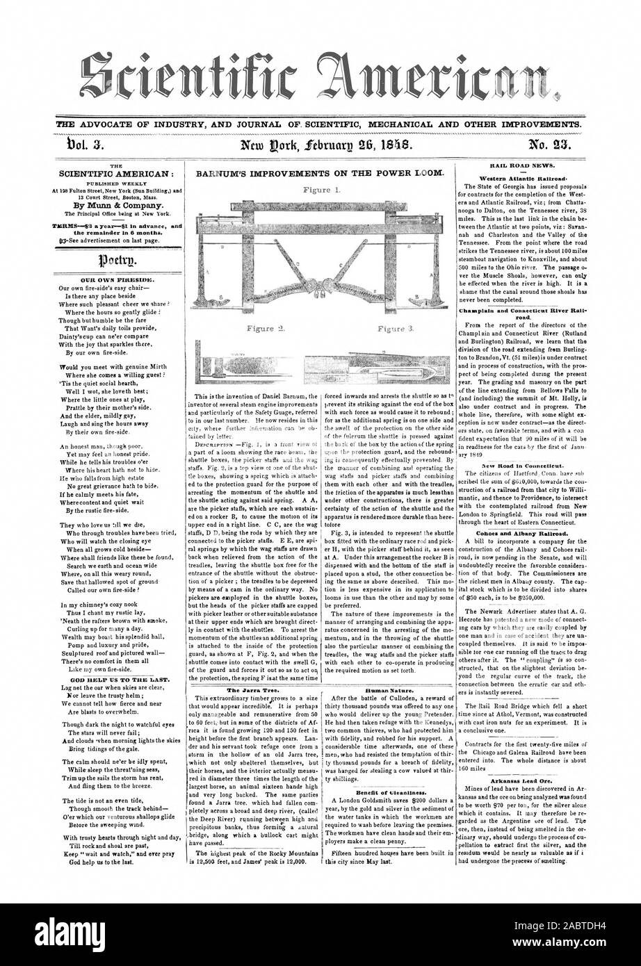 THE ADVOCATE OF INDUSTRY AND JOURNAL OF. SCIENTIFIC MECHANICAL AND OTHER  IMPROVEMENTS. bol. 3. Ntiu pork februarv 26 ISIS. No. 23. BARNUM'S  IMPROVEMENTS ON THE POWER LOOM. Figure 1 SCIENTIFIC AMERICAN: By