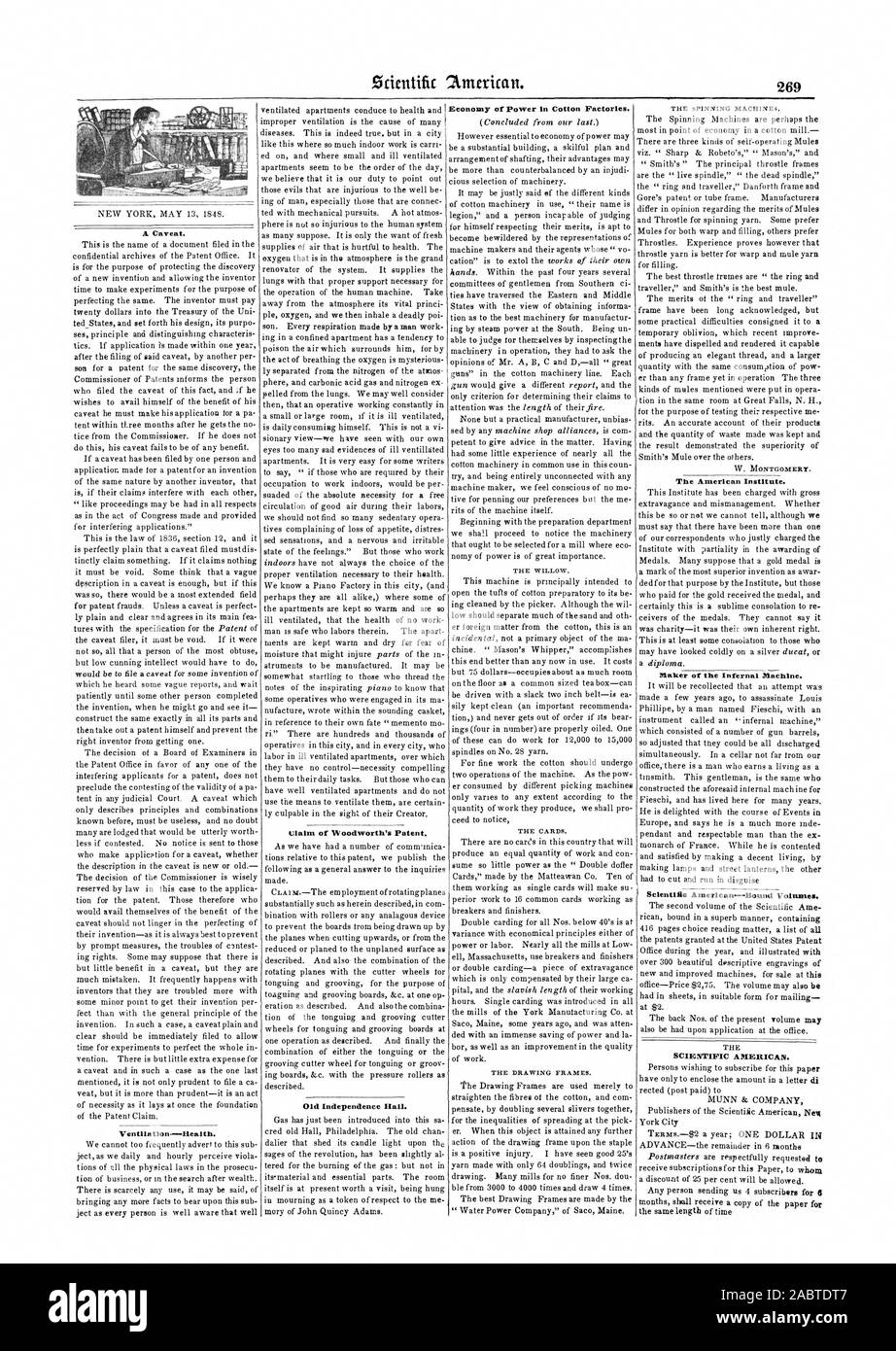 A Caveat. Ventilation.--Health. Ulaim of Woodworth'S Patent. Old Independence Hall. Econoiny of Power in Cotton Factories. THE WILLOW. THE CARDS. THE DRAWING FRAMES. THE SPINNING MACHINES. The American Institute. Maker of the Infernal Machine. Scientific American--Bound Volumes. SCIENTIFIC AMERICAN., 1848-05-13 Stock Photo