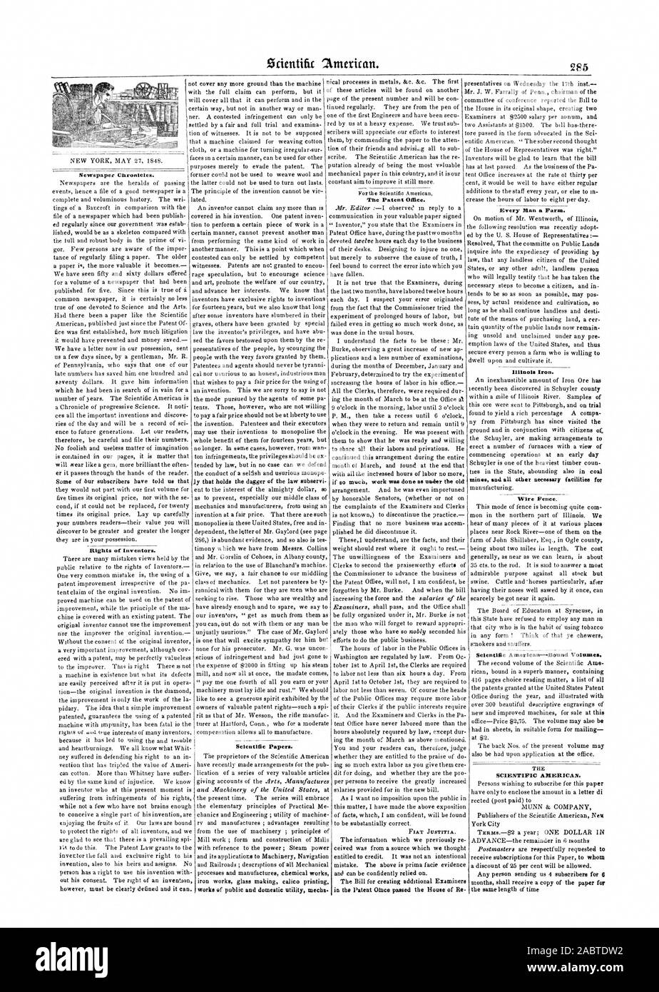 Rights of Inventors. Scientific Papers. FIAT JOSTITIA. Illinois Iron. Wire Fence. SCIENTIFIC AMERICAN. For the Scientific American The Patent Office., 1848-05-27 Stock Photo