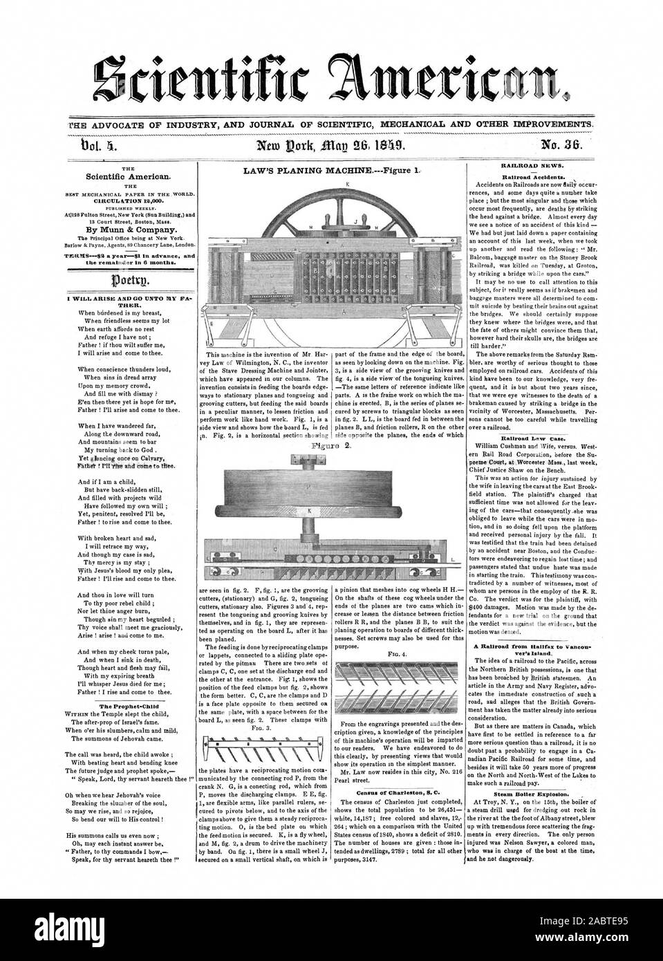 rientifit THE ADVOCATE OP INDUSTRY AND JOURNAL OF SCIENTIFIC MECHANICAL AND OTHER IMPROVEMENTS. Nero Perk Sky 26 1619. LAW'S PLANING MACHINE.--Figure 1. Figure 2. C1RCUL AT1ON 12000. By Munn & Company. TERAIS$6 a year51 in advance and the remainder in 6 months. THER. RAILROAD NEWS. Railroad Accidents. Railroad Law Case. A Railroad from Halifax to Vancou ver's Island. Steam Boiler Explosion. Scientific American., 1849-05-26 Stock Photo