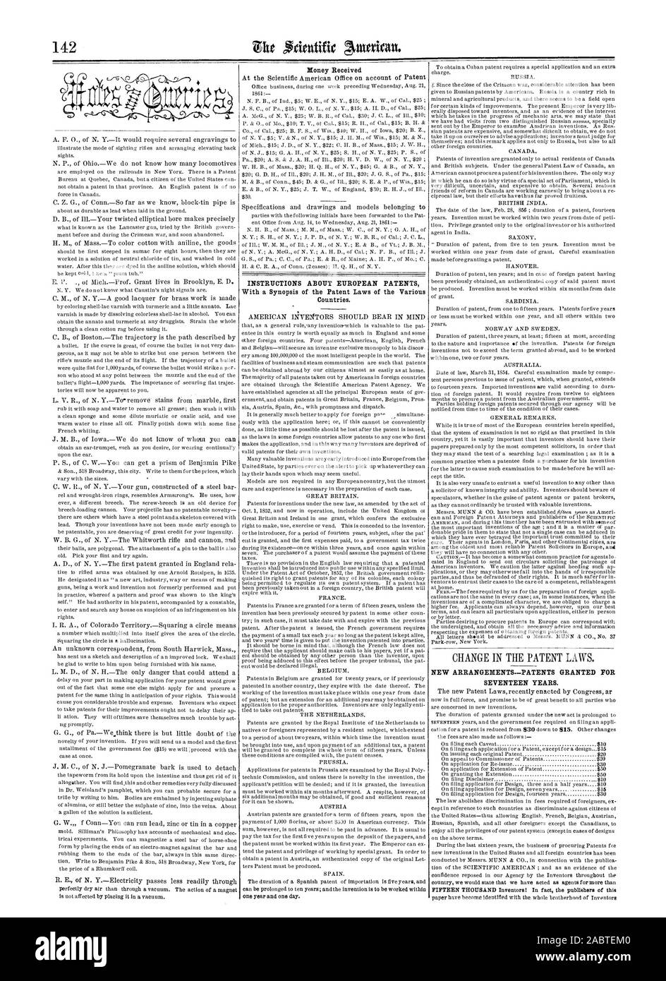 Money Received INSTRUCTIONS ABOUT EUROPEAN PATENTS With a Synopsis of the Patent Laws of the Various Countries. NEW ARRANGEMENTSPATENTS GRANTED FOR SEVENTEEN YEARS., scientific american, 1861-08-31 Stock Photo