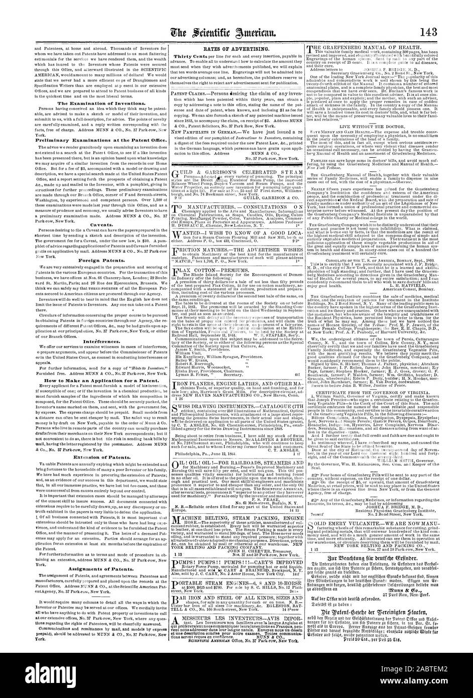 The Examination of Inventions. Preliminary Examinations at the Patent Office. Caveats. Foreign Patents. Inteiferences. How to Make an Application for a Patent. Extension of Patents. Assignments of Patents. RATES OF ADVERTISING., scientific american, 1861-08-31 Stock Photo