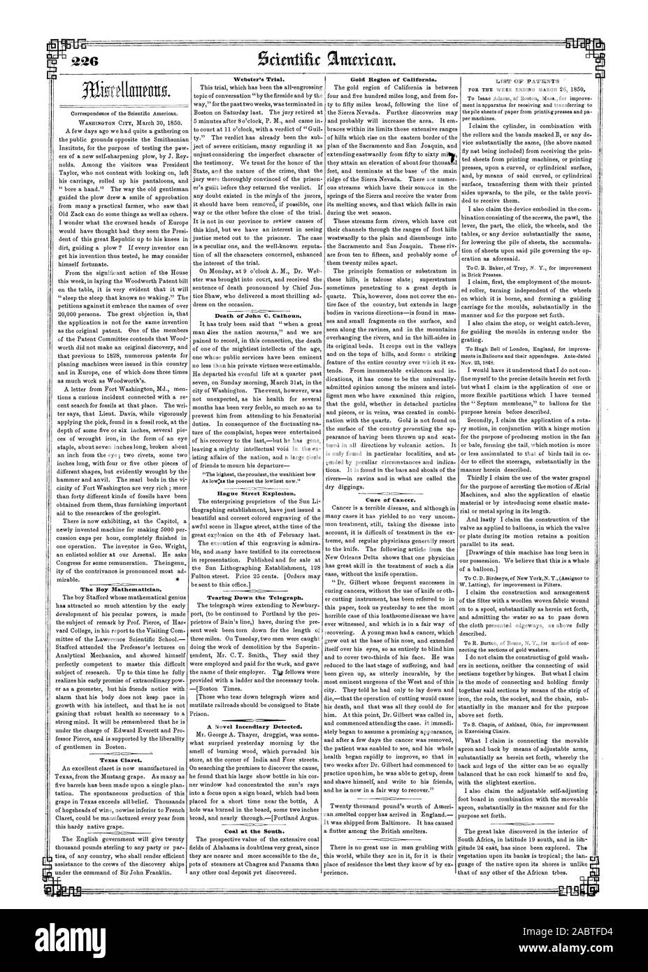 Tearing Down the Telegraph. A Novel Incendiary Detected. Coal at the South. Cure of Cancer. LIST OF PATENTS To Isaac Adams of Boston Mass. for improve ment in apparatus for receiving and transferring t the pile sheets of paper from printir4 presses and pa per machines. To 0. B. Baker of Troy N. Y. for improvement in Brick Presses. To Hugh Bell of London England for improve ments inBalloons and their appendages. Ante-dated Nov. 23 1848. To C. D. Birdseye of New YorkN. Y. (Assignor t W. Letting) for improvement in Filters. To R. Burton of Rome N. Y. for method of con necting the sections of gold Stock Photo