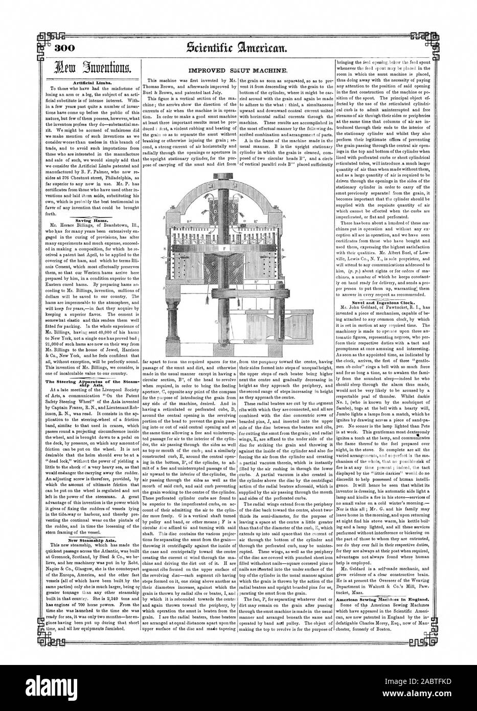 300 IMPROVED SMUT MACHINE. Artificial Limbs. Saving Hams. The Steering Apparatus of the Steam ship Asia. New Steamship Asia. Novel and Ingenious Clock. American Sewing Machines in England., scientific american, 1850-06-08 Stock Photo