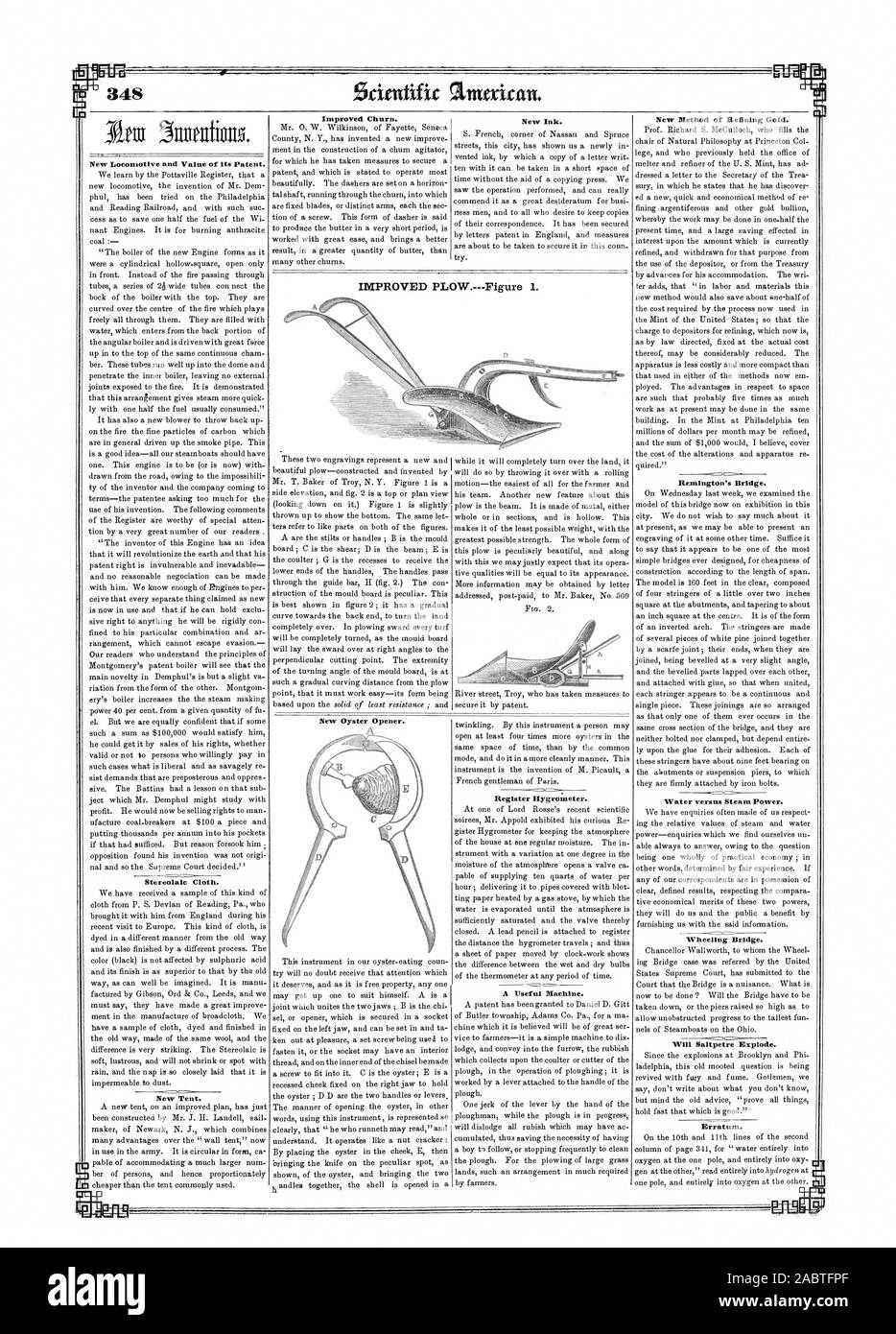 Improved Churn. New New Method of Refining Gold. New Locomotive and Value or its Patent. IMPROVED PLOW.Figure 1. E Remington's Bridge. D New Oyster Opener. D Register Hygrometer. Water versus Steam Power. Stereolale Cloth. Wheeling Bridge. A Useful Machine Will Saltpetre Explode. New Tent, scientific american, 1850-07-20 Stock Photo