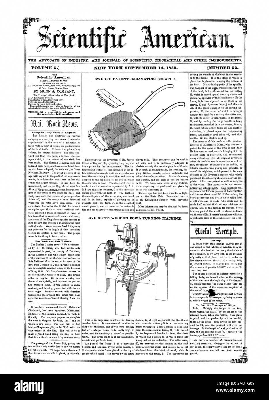 THE ADVOCATE OF INDUSTRY AND JOURNAL OF SCIENTIFIC MECHANICAL AND OTHER IMPROVEMENTS. VOLUME 5.1 NEW YORK SEPTEMBER 14 1850. [NUMBER 52. SWEET'S PATENT EXCAVATING SCRAPER. TEE Scientific American CIRCULATION 14000. the remainder in 6 months. Cheap Railway Fares in England. New York and Erie Railroad. Gravity. To find the Tonnage of Ships. EVERETT'S WOODEN BOWL TURNING MACHINE., 1850-09-14 Stock Photo