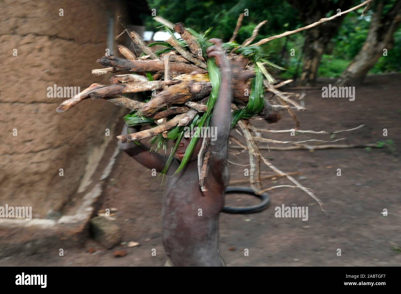 African village. Boy carrying firewood on his head. Daily life. Datcha-Attikpaye. Togo. Stock Photo